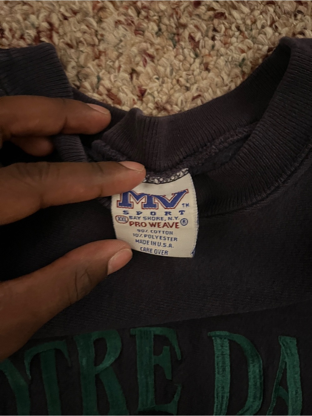 MV Sport Late 90s Notre Dame Crewneck Sweatshirt - Black with Green Embroidery - Picture 2 of 4